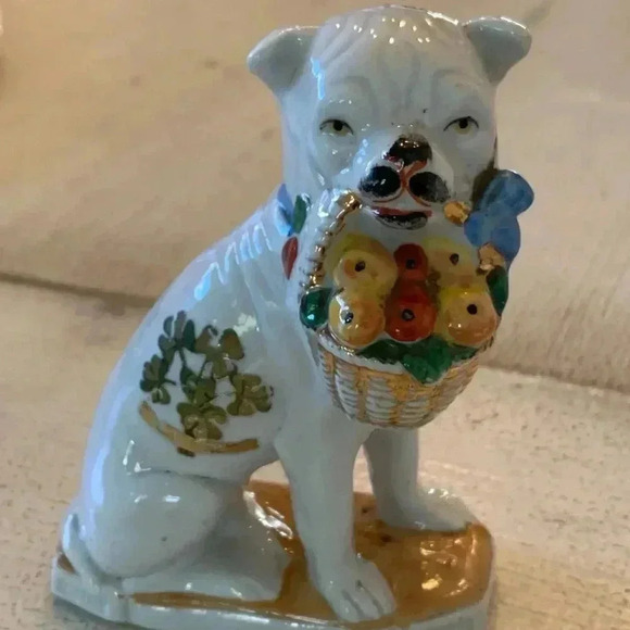 foreign Other - Antique White Staffordshire Type of Dog Fruit Basket In Mouth Foreign Ma…